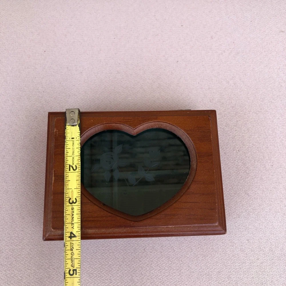 Vintage Solid Wood Small Jewelry Box, Heart Shape Etched Glass Window, Padded